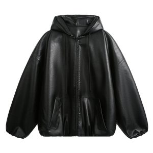 American-style Retro High Street Puppies Handsome PU Solid Color Black Leather Jacket Men's Spring and Autumn Hooded Loose Couple Jacket