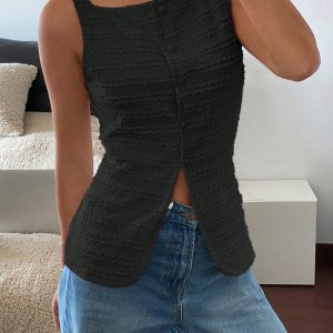 Best-Selling Imitation Linen Tencel Solid Color Button Front Slit Elegant Sleeveless Vest for Women