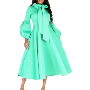 Women's clothing fashion solid color puff sleeve lace-up high waist large swing dress dress one-piece delivery