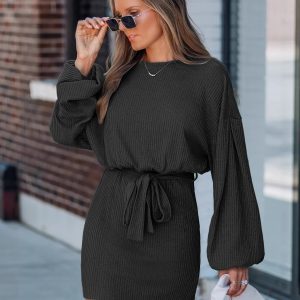 Women's Fashion Autumn and Winter New Style Lace-Up Waist-Cinching Backless Batwing Sleeve Long-Sleeve Knit Short Dress