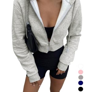Sexy Long-Sleeved Hooded Zipper Cardigan Sexy Short Velvet Pure Color Sports Fashion Sweatshirt