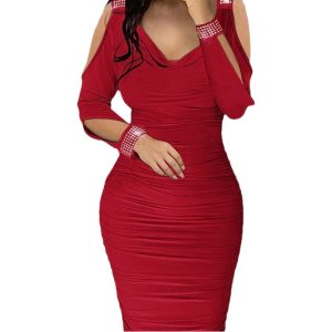 Women's clothing fashion pile collar long sleeve heavy work rhinestone tight sheath dress dress women