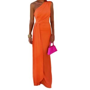 Women's Fashion Solid Color Sexy Sleeveless Shoulder Oblique Collar Banquet Evening Dress dress
