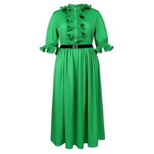 Women's fashion solid color wooden ear stitching lantern sleeve waist dress dress