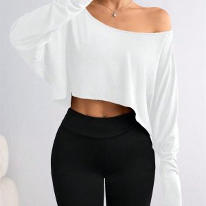 Women's Spring and Autumn Fashion Casual Solid Color Off-Shoulder Loose Cropped Long-Sleeve Top