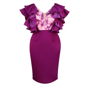 Women's fashion contrast color printing ruffled stitching temperament commuter professional hip dress
