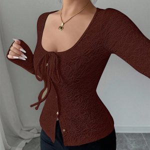 Women's Clothing, French-Style Sexy Lace Bow Tie Square Neck Design with Buttons and Long Sleeves