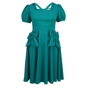 Women's fashion solid color bow stitching bubble sleeve waist slimming dress dress