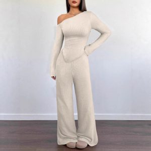 Solid Color Simple Off-Shoulder Elegant Casual Straight Mid-High Waist Long-Sleeve Long Pants Two-Piece Set