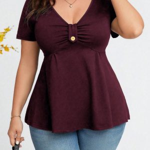 New Plus-Size Women's Casual Fashion V-Neck Short-Sleeve Everyday Versatile T-Shirt with Front Buckle