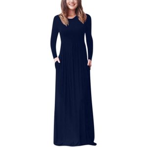 Supply Round Neck Long-Sleeved Pure Color Casual Flap Pocket Pants Dress Floor-Length Skirt