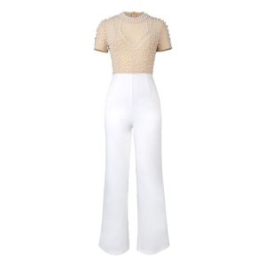 Women's fashion round neck short sleeve heavy work beaded dress jumpsuit high waist slimming party dress