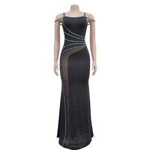 Women's Fashion Heavy Industry Hot Drilling Sexy Perspective Sleeveless Strap Dress Long Skirt dress