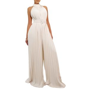 Women's Fashion Solid Color Sleeveless Collar Waist Slimming Pleated Wide Leg Pants Women's Pants