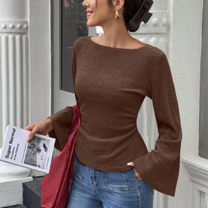 Women's Clothing with an Elegant and Cool Vibe, Solid Color Design, Bell Sleeves, Waist-Cinching, Slimming, Fashionable Long Sleeves