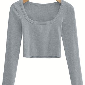 Women's Autumn and Winter Solid Color Square Neck Slim Sexy Navel-Baring Short Bottoming Shirt Long Sleeves