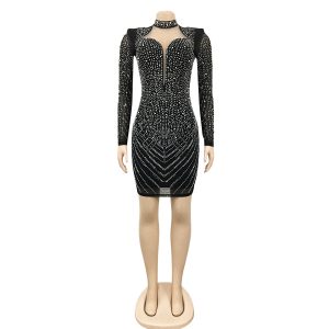 Women's sexy deep V-neck mesh perspective hot drilling banquet dress hip dress women