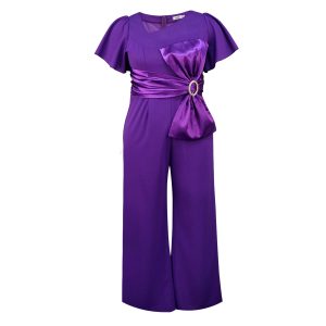 Women's fashion bow stitching short sleeve waist slim wide leg trousers jumpsuit