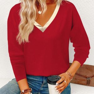 Autumn and Winter New Women's Clothing Spliced ​​V Neck Pure Color Casual Fashion Elegant Bottoming Shirt Long-Sleeved Top