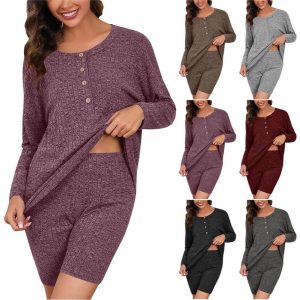 Spring and Autumn Foreign Trade Brushed Ribbed Knit Casual Fashion Loungewear Two-Piece Set