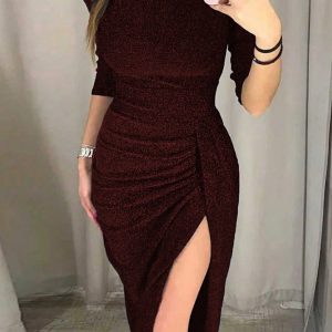 New Style One-Shoulder Slit Shiny Sexy Slim-Fit Elegant Bodycon Long-Sleeve Dress