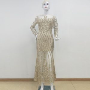 European and American Sexy Slim-Fit Dress Banquet Evening Dress Fishtail Elegant Long Sleeve Solid Color Round Neck Dress Wrap Hip