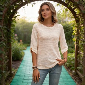 Spring & Fall New Women's Casual Button-Decorated Mid-Sleeve Pure Color Versatile Round Neck Top for Women