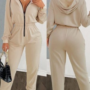 Autumn and Winter New Pure Color Zipper Elastic Waist Sports Casual One-Piece Sweatshirt Casual Suit