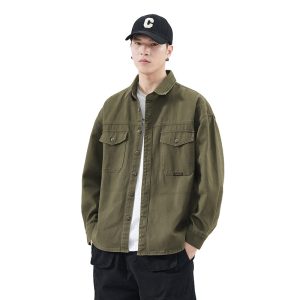 Army Green Tooling Shirt Men's Pure Cotton 2024 Spring and Autumn Loose American Style Retro Fashionable Long Sleeve Shirt for Youth