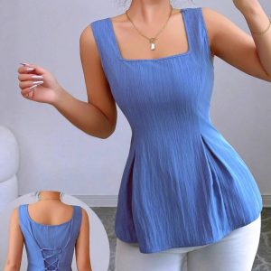 New French Solid Color Back Tie Waist Pleated Square Neck Vest Summer Fresh Top for Women