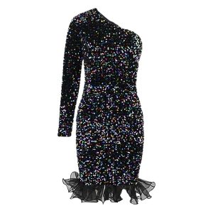 Women's clothing fashion sequined embroidered sexy one-shoulder oblique collar banquet evening dress dress