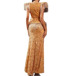 Women's sexy sequins embroidered tassel tail banquet evening dress hip dress women's