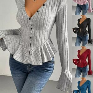 Women's Clothing European and American Elegant Style V Neck Ruffled Slim Fit Design Trumpet Sleeves Light Mature Style
