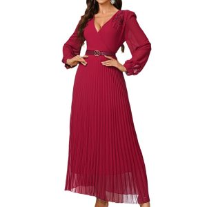 Women's Fashion Solid Color Lantern Sleeve Sexy V Collar Tight Waist Slimming Pleated Dress dress
