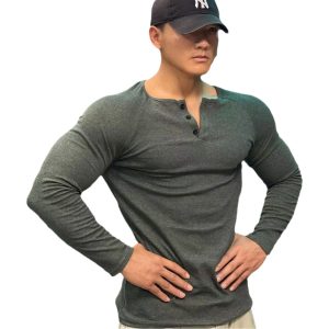 American-style thread cotton vintage long-sleeved ameikaji men's Raglan fitness big Henry collar T-shirt Sports