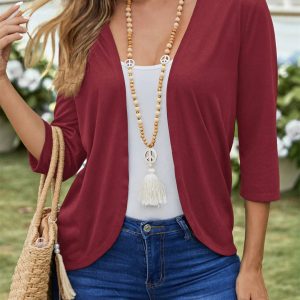 Hot Selling Spring & Fall New Pure Color Mid-Sleeve Casual Fashion Knitted Cardigan Jacket for Women