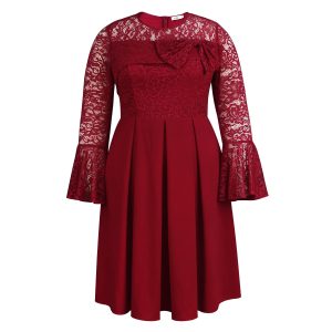 Women's Fashion Bow Stitching Horn Sleeve Round Neck plus size Lace Dress dress Women