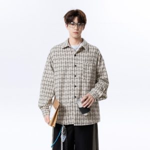 Woolen Long-Sleeved Shirt Men's Spring and Autum Trendy Brand Ins Handsome Plaid Shirt Hong Kong Style Japanese Style Casual Loose Jacket