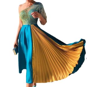Women's elegant commuter high waist mid skirt contrast color pleated dress evening dress large swing skirt