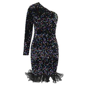 Women's Sexy Slant Collar One-shoulder Evening Dress Elegant Elegant Color Sequin Dress Women