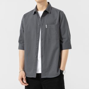 Pure Cotton Short-Sleeved Shirt Men's Summer New Style No-Iron Three-Quarter Sleeve Washed Shirt Jacket Casual Versatile Top Trendy