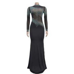 Women's Fashion Heavy Industry Hot Drilling Long Sleeve Vertical Collar Sexy Tight Hip Dress dress