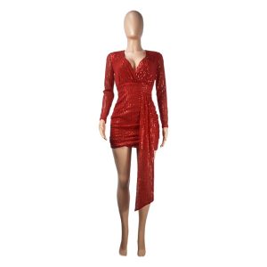 Women's Fashion Sexy Deep V-neck Long Sleeve Ribbon Stitching Banquet Sequin Dress Dress Women