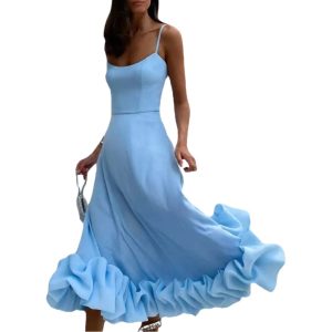 Women's Fashion Solid Color Sexy Backless Strap Ruffled Stitching Banquet Dress Dress