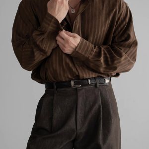 Textured Casual Long-Sleeved Shirt Men's Autum Tops Retro Light Mature Style Men's Heavy Vertical Stripesd Shirt Trendy