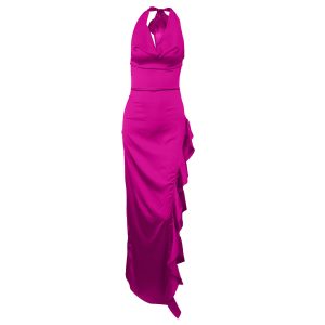 Women's Fashion Solid Color Ruffled Stitching Sexy Hanging Neck High Elastic Split Dress Dress Women