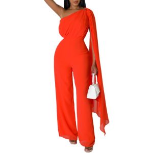 Women's clothing fashion solid color ribbon stitching sexy oblique shoulder banquet dress jumpsuit women