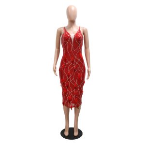 Women's fashion sexy V-neck feather sequined embroidered sling split hip dress dress