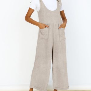 Spring/Summer New Women's FashionHot-Selling Solid Color Sleeveless Tie-Waist Wide-Leg Jumpsuit with Large U-Neck Long Pants for Women