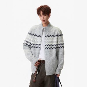 Fair Isle Heavy Thickeneded Sweater Jacket Men's Autumn and Winter Trendy Brand Loose Lazy Style Casual Couple Zipper Cardigan